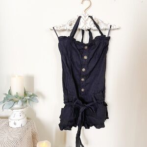 NEW Black Ruffle Belted Denim Tie Up Romper